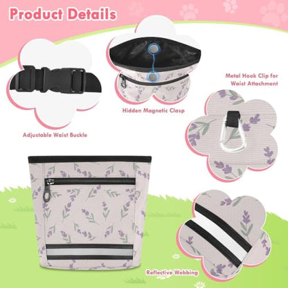 Lavender Water-Resistant Dog Treat Pouch, 3 Ways to Wear Treat Bag with Magnetic Closure & Reflective Strip, Hands-Free for Pet Training, Walking