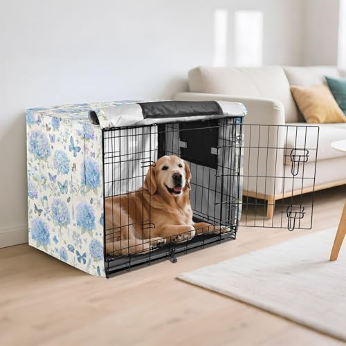 Blue Hydrangeas Dog Crate Cover, Waterproof Windproof Pet Cage Cover, Polyester Sunshade Kennel Cover with Breathable Mesh Fit for 53.5 in Wire Cage - size: XL - 53.5”L x 33”W x 34.5”H