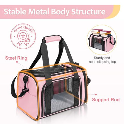 Discala Cat Dog Carrier Up to 15 Lbs TSA Airline Approved Pet Carrier for Small Medium Cats Puppies Dog Carriers for Small Dogs Collapsible Soft Sided Cat Travel Carrier - Pink 15.7"x10.2"x10.2" - color: Pink