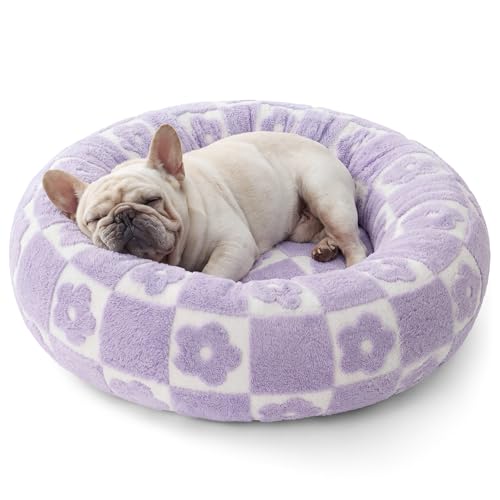 LE SURE Shown on TV Donut Dog Bed Medium - Round Cat Beds Indoor as Bed Gift for Calming with Washable Cover, Cute Home Decor Bed with Jacquard Shaggy Plush & Anti Slip Bottom, 30 Inch, Flower Checks - color: Flower Checks, size: 30.0"L x 30.0"W x 8.0"Th