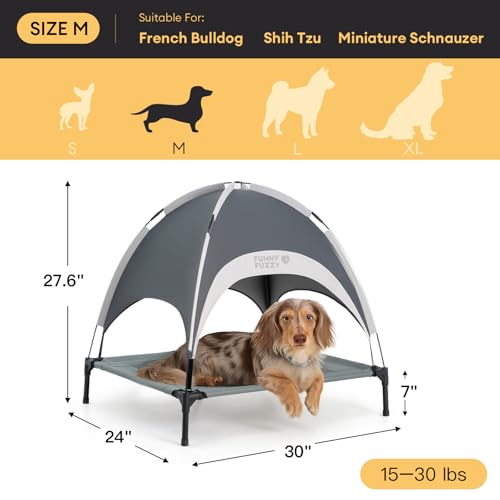 FUNNY FUZZY Elevated Cooling Dog Bed with Canopy(30"x24"x7") – Dog Cot Bed for Small,Medium Dogs with UV Shade, Breathable Mesh for Cooling, Indoor & Outdoor Use for Dogs up to 120 lbs