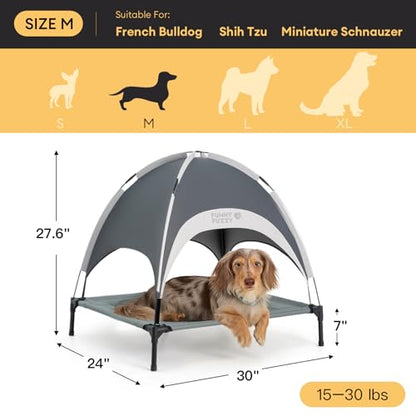 FUNNY FUZZY Elevated Cooling Dog Bed with Canopy(30"x24"x7") – Dog Cot Bed for Small,Medium Dogs with UV Shade, Breathable Mesh for Cooling, Indoor & Outdoor Use for Dogs up to 120 lbs