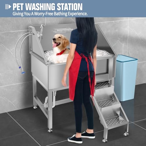 38" Dog Bathing Station, Professional Dog Washing Station Stainless Steel Dog Grooming Tub for Home,Equipped with Three Anti-Slip Steps, Removable Door, Pet Wash Station for Pet,R-RAMP - color: R-RAMP