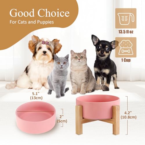 Elevated Ceramic Cat Bowl - Cat Food Bowl with Bamboo Stand - Raised Dog Dish for Puppies - Anti Vomiting, Stress Free - 13.5 oz / 400 ml - Pink - color: Pink, size: Small