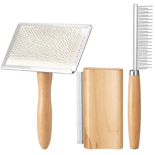 Dog Slicker Brush Set for Shedding Wooden Handle, Pet Deshedding Comb, Long and Short Bristle Comb, Grooming Pin Brush for Dogs Cats, Removes Loose Hair, Mats & Tangles, Grooming Tools Set