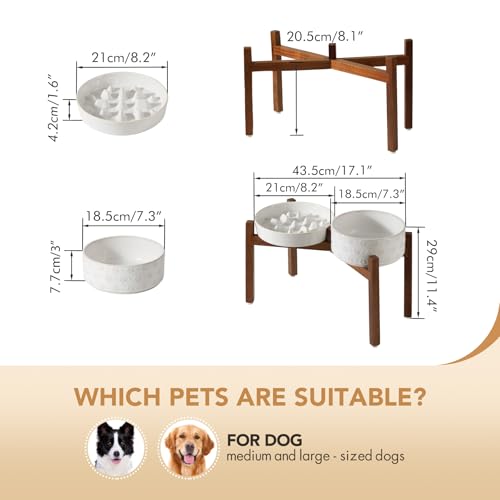 Havniva 1.6 Cup Elevated Slow Feeder Dog Bowls, 8.2” Dog Slow Feeding Bowls + 7.3” Ceramic Dog Water Bowls Set with Acacia Wood Stand Dog Food Bowls Puzzle Feeder for Medium Dogs Non-Slip Anti-choking - color: 2 x White + Stand - C, size: L- 8.2inch / 1.6