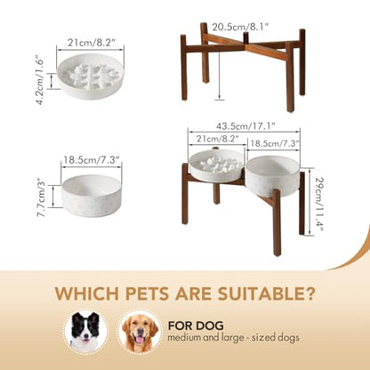 Havniva 1.6 Cup Elevated Slow Feeder Dog Bowls, 8.2” Dog Slow Feeding Bowls + 7.3” Ceramic Dog Water Bowls Set with Acacia Wood Stand Dog Food Bowls Puzzle Feeder for Medium Dogs Non-Slip Anti-choking - color: 2 x White + Stand - C, size: L- 8.2inch / 1.6
