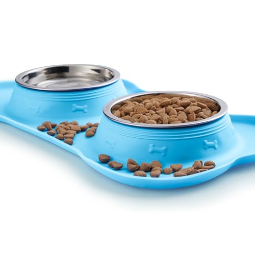Hubulk Pet Dog Bowls 2 Stainless Steel Dog Bowl with No Spill Non-Skid Silicone Mat + Pet Food Scoop Water and Food Feeder Bowls for Feeding Small Medium Large Dogs Cats Puppies (Medium, Turquoise) - color: Turquoise, size: Medium