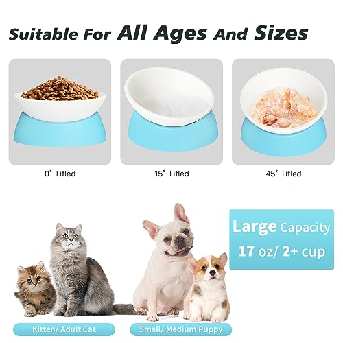 Elevated Cat Bowl, Adjustable Raised Slanted Food Bowl for Cats and Small Dogs, Wide Shallow PP Dish with TPR Non Slip Base, Whisker Friendly, 17 oz - color: Milky White, Light Blue