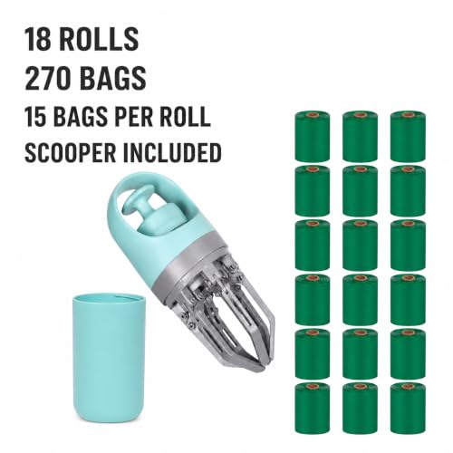 Dog Pooper Scooper with 1 Waste Bag Roll (15 Bags), Portable No-Touch Dog Waste Pickup Kit | Includes 1 scooper and 1 preloaded waste bag roll with 15 bags