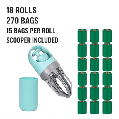 Dog Pooper Scooper with 1 Waste Bag Roll (15 Bags), Portable No-Touch Dog Waste Pickup Kit | Includes 1 scooper and 1 preloaded waste bag roll with 15 bags