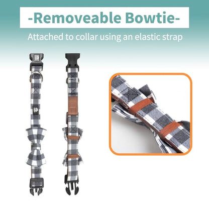 IVY&LANE Dog Collar with Bowtie and Leash Set | Plaid Adjustable Dog Collar | Detachable Bow Tie |5 FT Dog Leash | for Small Medium Large Dogs | Checkered Black | Small - color: Checkered Black, size: S