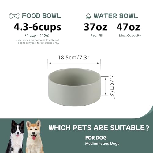Havniva 7.3” Ceramic Dog Bowls, Dog Food and Water Bowl for Medium Dogs, Durable Dog Water Bowl with Non-Slip Rubber Base Large Capacity Pet Feeding Bowl - color: Matte Gray, size: 7.3 Inch