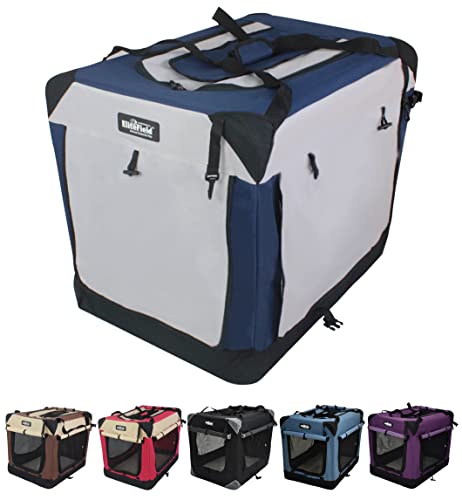 EliteField 4-Door Folding Soft Dog Crate with Curtains, Carrying Bag and Fleece Bed (2 Year Warranty), Indoor & Outdoor Pet Home (20" L x 14" W x 14" H, Navy Blue+Gray) - color: Navy Blue+Gray, size: 20.0"L x 14.0"W x 14.0"H