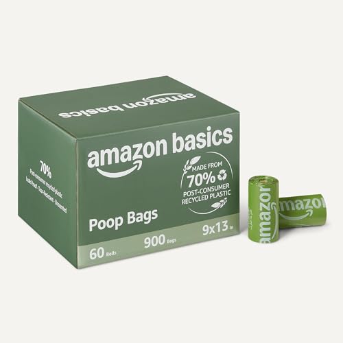 Amazon Basics Dog Poop Bags, 70% Recycled Material, Leak-Proof with Generous Length, 13 x 9 Inch, 900-Pack (60 Rolls), for Walks and Public Spaces - size: 1 Count (Pack of 900)