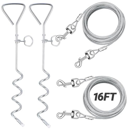 Amylove 2 Pcs Dog Tie Out Cable and Stake, 16 ft Outside Leash Cable Chain for Medium to Large Dog up to 125 Lbs, 18'' Heavy Duty Reflective Spiral Stake for Yard Camping Running Play(Grey) - color: Gray