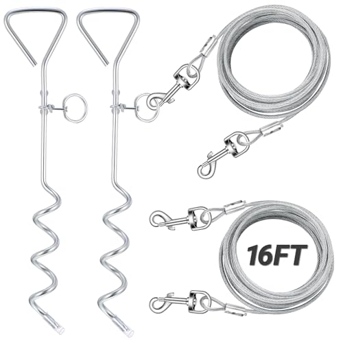 Amylove 2 Pcs Dog Tie Out Cable and Stake, 16 ft Outside Leash Cable Chain for Medium to Large Dog up to 125 Lbs, 18'' Heavy Duty Reflective Spiral Stake for Yard Camping Running Play(Grey) - color: Gray