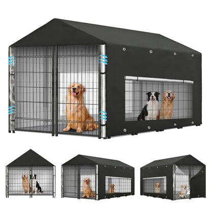 Dog Kennel Cover Large Shade 8x4x6ft,Outdoor Crate Cover Fully Enclosed Outside Waterproof Dog Cage Cover with Anti-UV Mesh Window and Clear Panel for Viewing (Cover only) (8'Dx4'Wx6'H) - size: 8'Dx4'Wx6'H