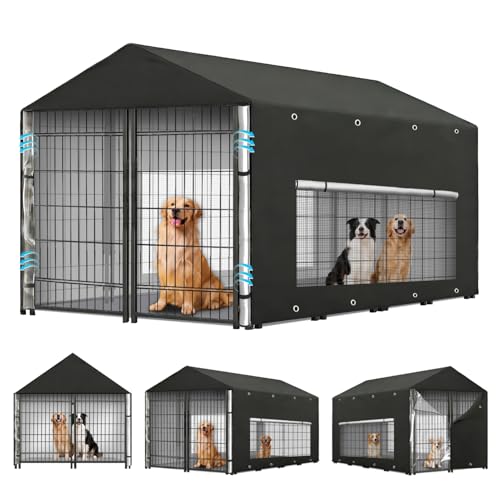 Dog Kennel Cover Large Shade 8x4x6ft,Outdoor Crate Cover Fully Enclosed Outside Waterproof Dog Cage Cover with Anti-UV Mesh Window and Clear Panel for Viewing (Cover only) (8'Dx4'Wx6'H) - size: 8'Dx4'Wx6'H