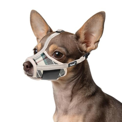 PUPTECK Dog Muzzle, Soft Adjustable Loop Reflective Pet Muzzle Prevent Biting Barking Chewing, Breathable Muzzle with Air Mesh Dog Mouth Guard Drinkable for Large Medium Small Sized, Beige Plaid S - color: Beige, size: S (Snout Cir: 4.7"-5.9")