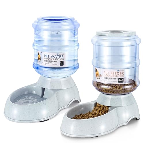 Flexzion Automatic Pet Feeder & Waterer Set of 2 Pack, Self Feeding Replenish Dog Cat Bowls, Gravity Food & Water Storage Container Fountain Jug Pet Supplies Plastic Skid Proof Rubber Feet (1 Gallon) - color: Waterer + Feeder, size: 4-6 lb Feeder (1 Gallo