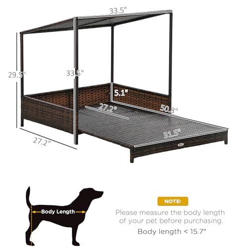 PawHut Wicker Dog House Outdoor with Canopy, Rattan Dog Bed with Removable Cushion, Raised Dog Bed, Cat Shelter, Patio Pet Sofa for Medium Sized Pet Mixed-Brown