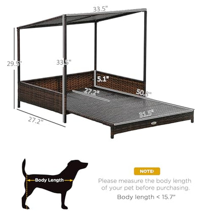 PawHut Wicker Dog House Outdoor with Canopy, Rattan Dog Bed with Removable Cushion, Raised Dog Bed, Cat Shelter, Patio Pet Sofa for Medium Sized Pet Mixed-Brown