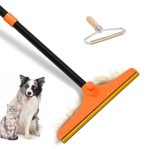 Eaersan Carpet Rake for Pet Hair Removal - Reusable Pet Hair Remover, 60” Adjustable Long Handle Cat Dog Carpet Rake Scraper, Dog Hair Rake Brush for Rugs, Mats, Couch - color: Orange, size: 60‘’