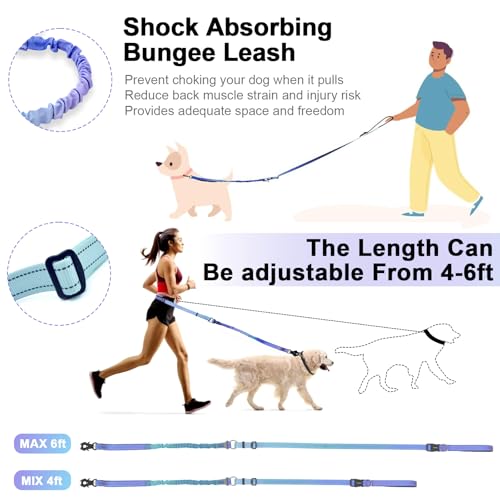 Heavy Duty Hands Free Dog Leash with Quick Release Carabiner and Adjustable No Pull Bungee Dog Running Waist Leash，for Walking and Training with Car Seat Belt 4-6FT (Aurora Purple) - color: Aurora Purple