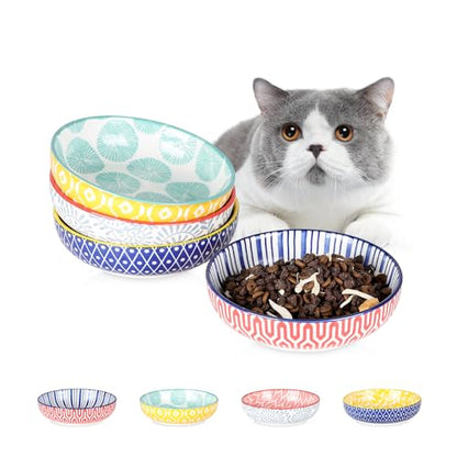 Selamica 세라믹 고양이 사료 그릇 4개 세트, 14cm(5.6인치) 너비의 얕은 고양이 그릇/음식과 물용 접시, 다양한 색상 - color: 다양한 색상, size: 5.6 Inch, Set of 4