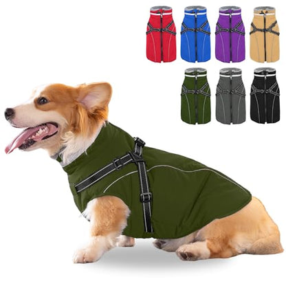 Fragralley Dog Coat with Harness Built in, Waterproof Windproof Reflective Warm Puffer Jacket, Fleece Lined Vest Winter Parka for Small, Medium, Large Dogs - color: Green, size: X-Small