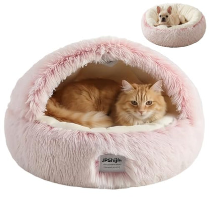 Cozy Zipper Convertible Cat Bed Cave, 2 in 1 Round Plush Donut Dog Bed with Removable Hood, Warm Fuzzy Enclosed Pet Nest Bed for Small Dogs Kittens, Machine Washable (Pink, 19.7 in Small Size) - color: Pink, size: 19.7 in Small Size
