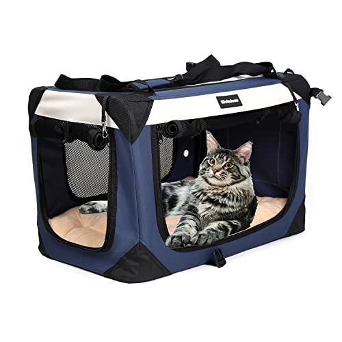 Large Cat Carrier, Collapsible Dog Travel Crate Portable Soft-Sided Pet Carrier with Super Soft Warm Plush Mat for Indoor and Outdoor 24x16x16in,Navy Blue - color: Navy Blue, size: Large