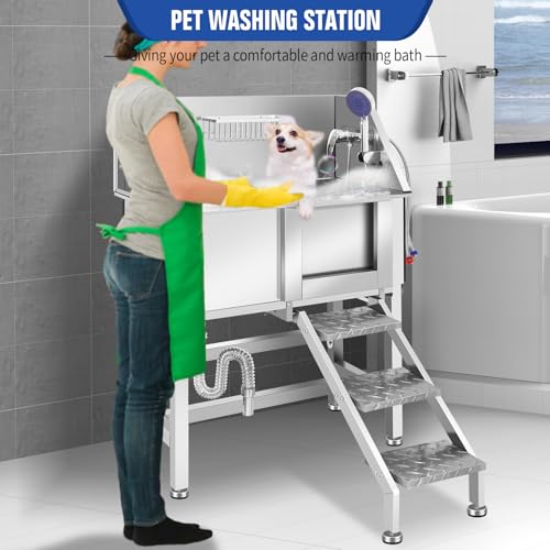 Stainless Steel Dog Washing Station, Pet Grooming Tub W/Storage Stairs, Faucet & Showerhead & Soap Holder Dog Bathtub for Large & Medium & Small Pets,34" R-RAMP - color: 34" R-RAMP