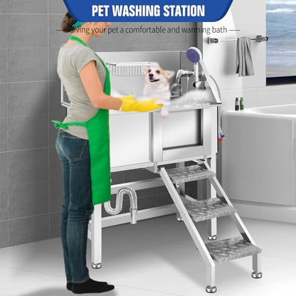Stainless Steel Dog Washing Station, Pet Grooming Tub W/Storage Stairs, Faucet & Showerhead & Soap Holder Dog Bathtub for Large & Medium & Small Pets,34" R-RAMP - color: 34" R-RAMP