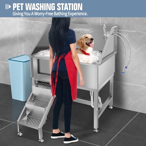 38" Dog Bathing Station, Professional Dog Washing Station Stainless Steel Dog Grooming Tub for Home,Equipped with Three Anti-Slip Steps, Removable Door, Pet Wash Station for Pet,L-RAMP - color: L-RAMP