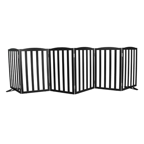 Freestanding Dog Gate Indoor,Doggie Gate Foldable Pet Gates for Doorways,Stairs or Hallways, Wooden Black Pet Gate for the House, Pet Fence with Support Feet Included,32 "Height-6 Panels - color: Black, size: 【6 Panels】120‘’w x 32''h