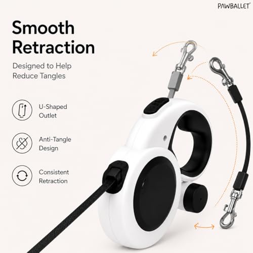Paw Ballet Retractable Dog Leash with USB Rechargeable LED Light, Reflective Tape, One-Button Brake & Lock, Smooth Retraction System, Comfortable Non-Slip Handle for Small and Medium Dogs