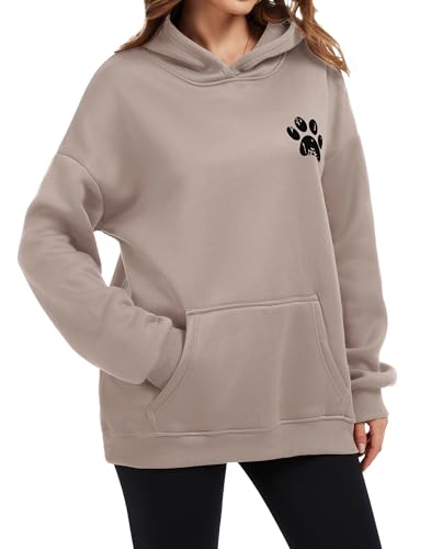 Womens Dog Paw Hoodie-Long Sleeve Pullover Fleece Lined Dog Mom Sweatshirts with Pocket - color: B-grey Brown, size: X-Large