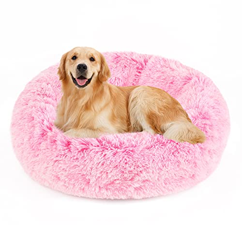 NOYAL Calming Donut Dog Bed for Small to Medium Dogs & Cats - Plush Faux Fur Anti-Anxiety Pet Bed with Machine Washable Cover & Non-Slip Base - color: Gradient Pink, size: Medium 23.6''