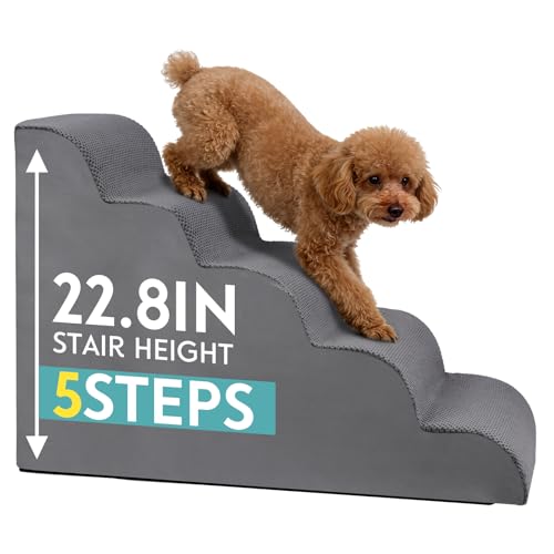 Dog Stairs for Small Dogs, 22.8" H Pet Stairs 5-Steps Ramp for Puppy, Older Cat, Stairs with Whole 30D High Density Foam, Corduroy Fabric, Non-Slip Bottom Dog Steps for Bed and Couch (Grey, 5-Step) - color: Grey, size: 5-Step (H: 22.8IN)