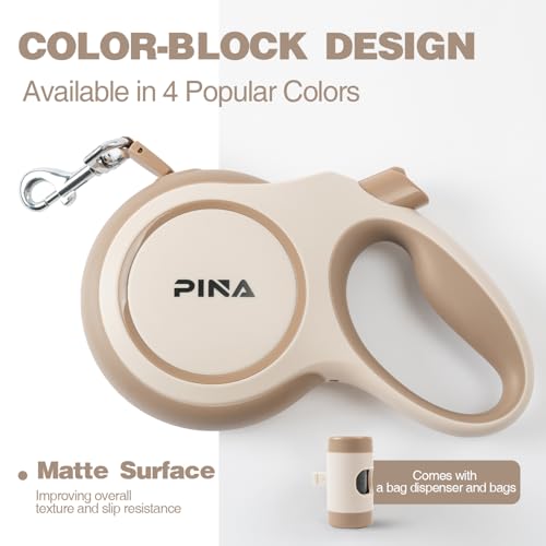 PINA Upgraded Retractable Dog Leash, 26 ft Dog Leash for Small Medium Large Dogs Up to 110lbs, Heavy Duty Reflective Nylon Tape 360° Tangle-Free, with Anti-Slip Handle, One-Handed Brake, Pause, Lock - color: Khaki