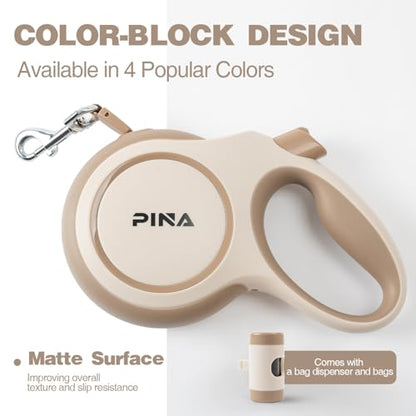 PINA Upgraded Retractable Dog Leash, 26 ft Dog Leash for Small Medium Large Dogs Up to 110lbs, Heavy Duty Reflective Nylon Tape 360° Tangle-Free, with Anti-Slip Handle, One-Handed Brake, Pause, Lock - color: Khaki