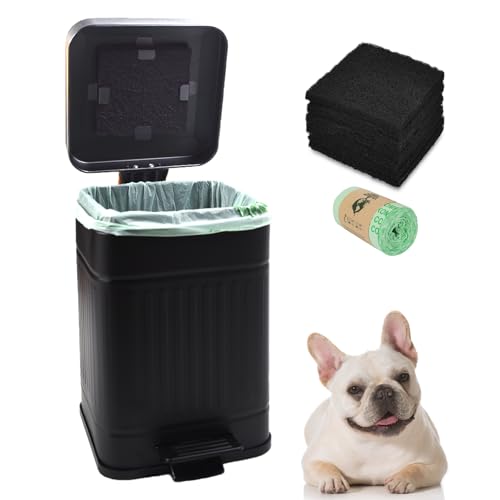 5L Dog Poop Trash Can with Lid for Outdoors，1.3 Gallon Trash Can with Activated Carbon Filter & Plastic Bags, Pet Waste Container，UP5L-BK-Fang