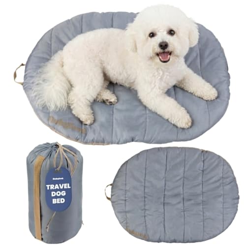 Travel Dog Bed (30" x 22") – Foldable & Packable for Travel, Road Trip, Camping – Lightweight, Water Resistant & Cozy with Soft Padding – Compact, Portable & Machine Washable – Small Breeds: Grey - color: Foggy Trail, size: Small
