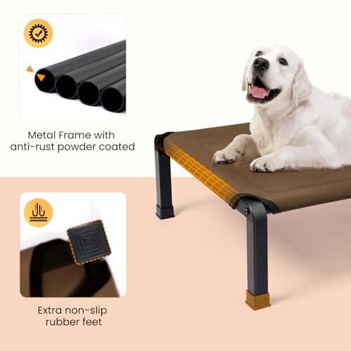 Heeyoo Elevated Dog Bed, Cooling Raised Pet Cot with Chew Proof Mesh Fabric and Steel Frame, Portable Dog Cot Bed with No-Slip Rubber Feet, 60 in - color: Brown, size: 60"L x 37"W x 8"H