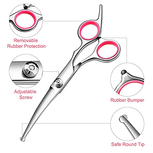 Dog Grooming Scissors Kit, Premium Stainless Steel Dog Shears with Curved Shears, Sharp Durable for Dogs Cats+Pink 4 Piece - color: Pink 4 Piece