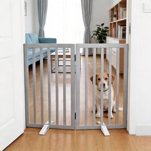 Dog Gate Indoor, Freestanding Dog Fence for The House, Doorways, Hallways,or Stairs,Pet Gate Foldable Wooden,Expandable 32" Height 2 Panels,Grey - color: Gray, size: 【2 Panels】40‘’w x 32''h