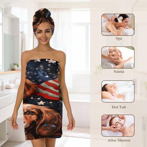 American Usa Flag Dogs Microfiber Bathrobe and Hair Towel Wrap Set for Women Quick Dry Shower Towels Wrap Absorbent Soft Bath Robe and Hair Drying Cap for Spa After Shower