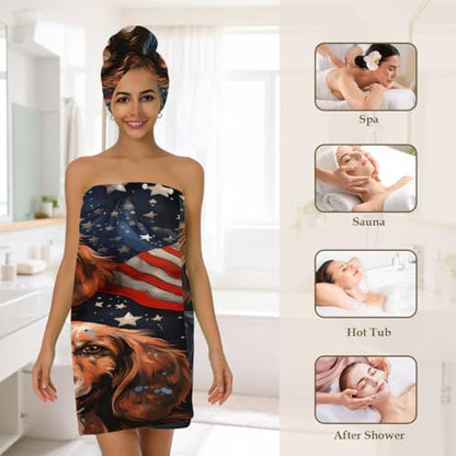American Usa Flag Dogs Microfiber Bathrobe and Hair Towel Wrap Set for Women Quick Dry Shower Towels Wrap Absorbent Soft Bath Robe and Hair Drying Cap for Spa After Shower